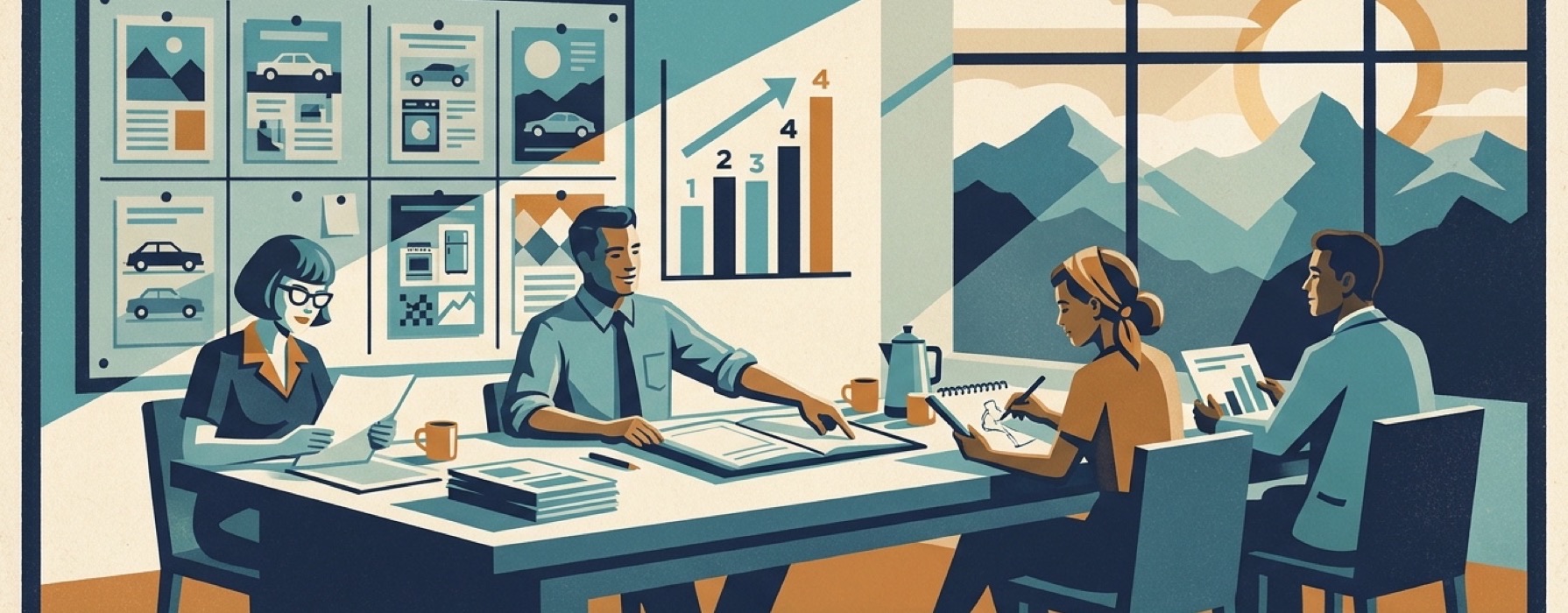 A mid-century poster illustration of four marketers working calmly around a long table, an orderly campaign wall behind them and mountains through the window.