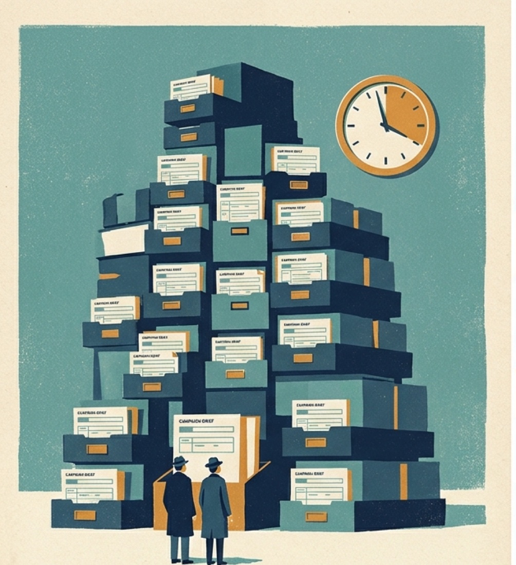 A mid-century poster illustration of a vast stack of document trays, each holding a campaign brief, rising like a rock formation. Two small figures wait at its base beneath a large clock.