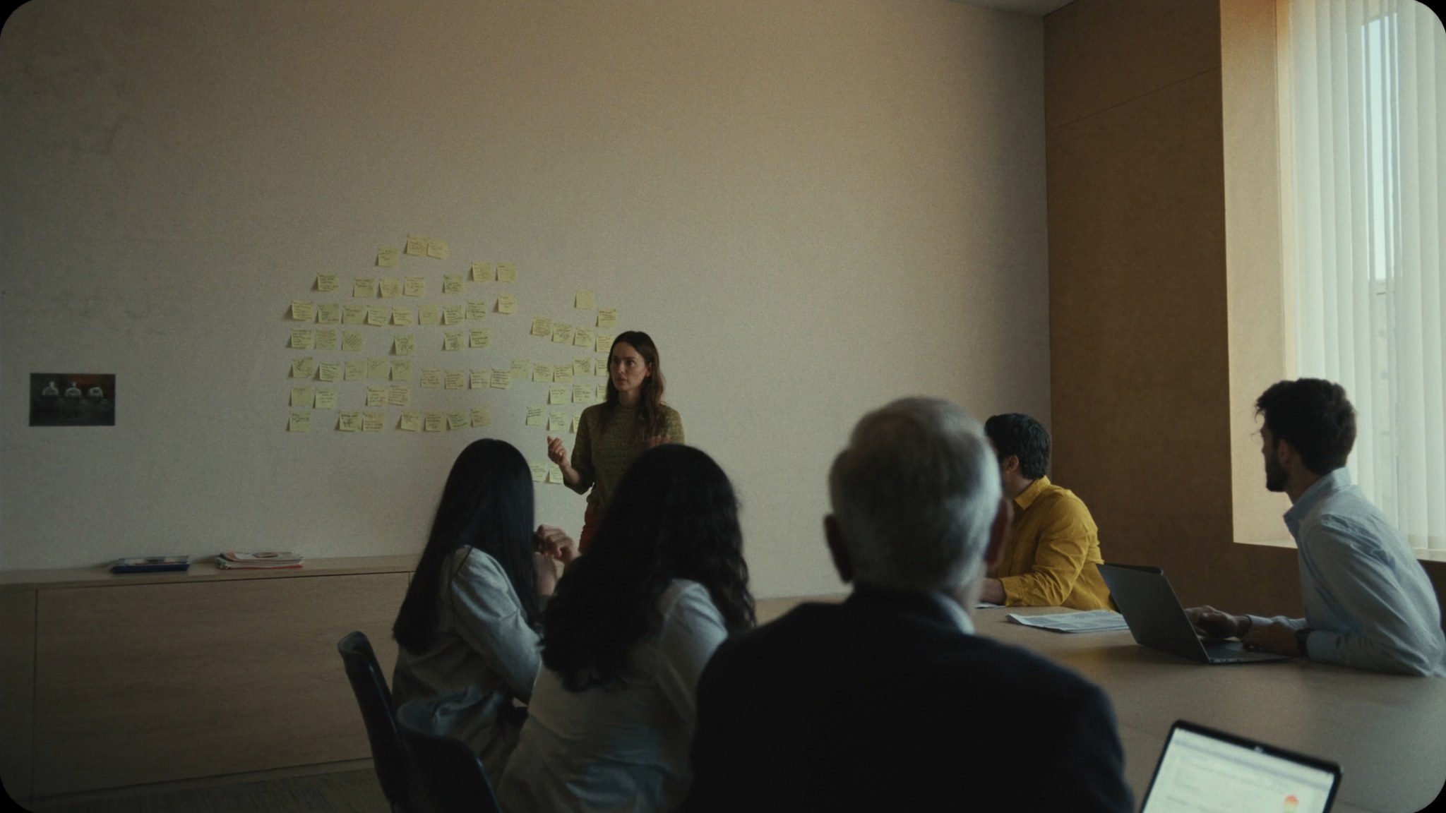 A leadership team seated around a boardroom table while a colleague works through a wall of notes